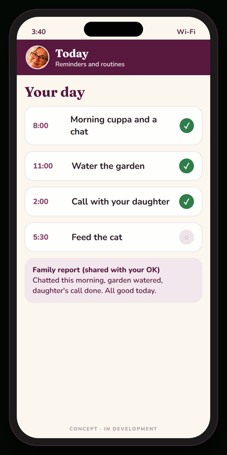 Concept screen: reminders and a family report
