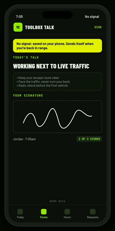 Trafik GA screen: Toolbox talk, signed with no signal